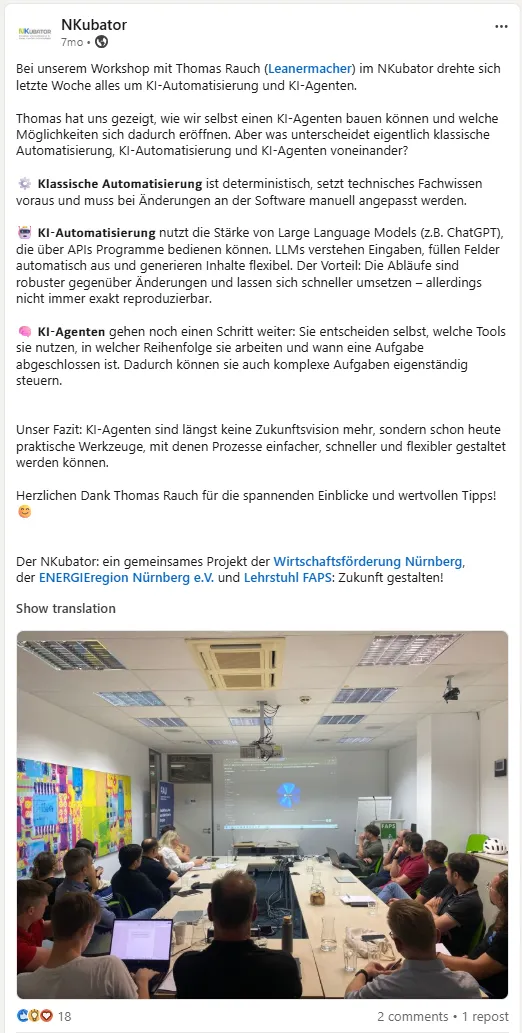 LinkedIn-Post vom Nkubator nach dem KI-Agenten-Workshop mit Thomas Rauch von Leanermacher