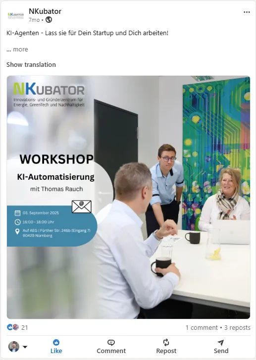 LinkedIn-Ankündigung vom Nkubator Nürnberg zum Workshop 'KI-Agenten - Lass sie für Dein Startup und Dich arbeiten' mit Thomas Rauch